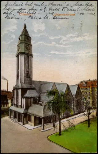 Ansichtskarte Chemnitz Johanniskirche im Hintergrund Schornstein 1914