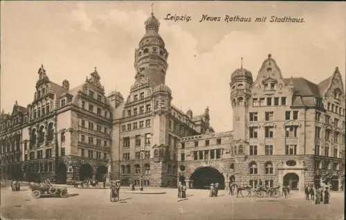 Ansichtskarte Leipzig Neues Rathaus u. Stadthaus Kutschen 1916