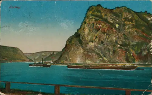 Ansichtskarte Sankt Goar Rhein Schiffe passieren Rheintal an der Loreley 1922