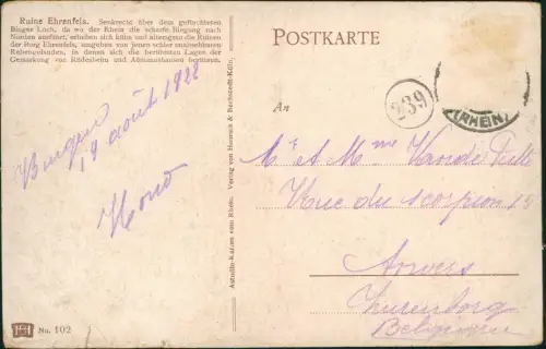Ansichtskarte Rüdesheim (Rhein) Ruine Ehrenfels Künstlerkarte 1922