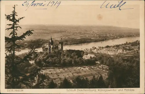 Ansichtskarte Königswinter Schloss Drachenburg Blick zum Rhein 1920