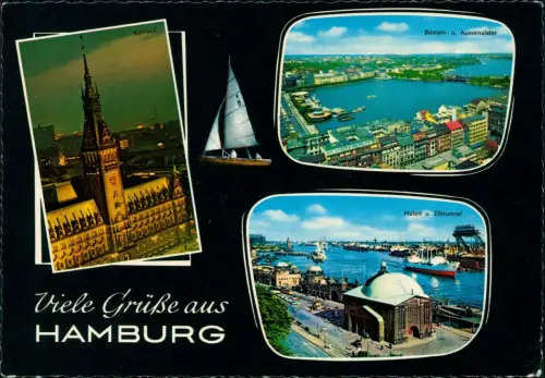 Ansichtskarte Hamburg 3 Bild Rathaus bei Nacht, Hafen, Alster 1978