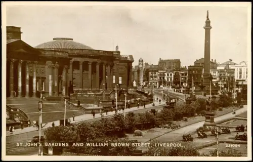 Postcard Liverpool St. Johns Gardens and William Brown Street 1940