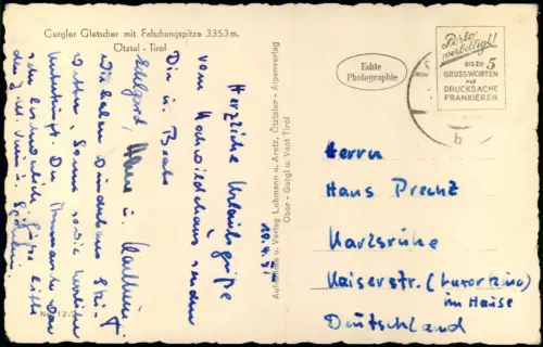 Ansichtskarte .Tirol Gurgler Gletscher mit Falschungspitze Skier 1950
