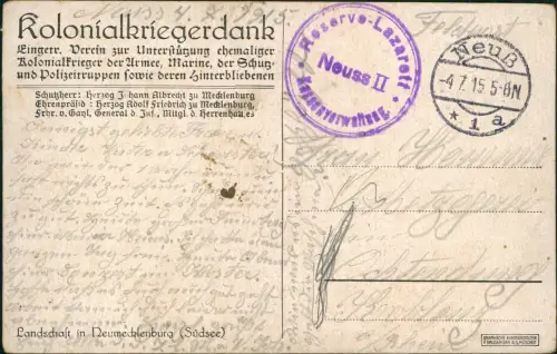 Neuirland Neumecklenburg Dorf Tam Kolonie 1915  gel. R.-Lazarett Neuss Stempel
