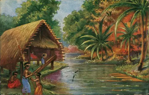 Neuirland/Neumecklenburg Dorf Tam Typen Deutsche Kolonie Künstlerkarte 1916