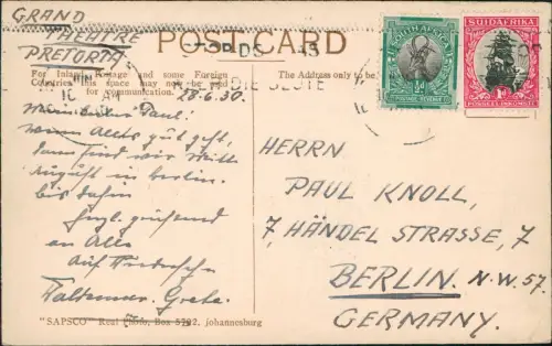 Postcard Pretoria Tshwane Sunnyside Geschütz 1930  gel. Southafrica