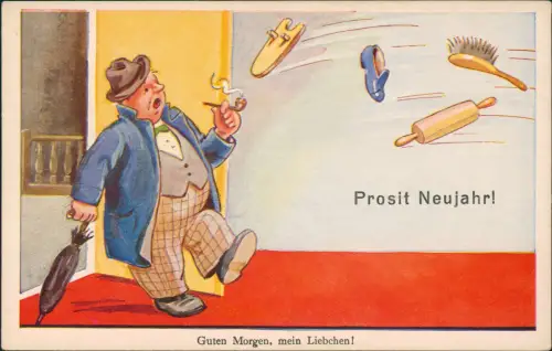 Neujahr Sylvester New Year Scherzkarte Guten Morgen, mein Liebchen! 1956