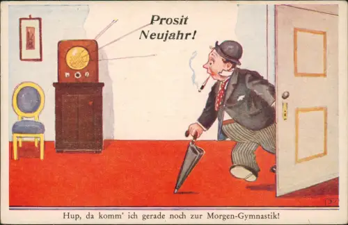 Ansichtskarte  Neujahr Sylvester New Year Scherzkarte Morgen Gymnastik 1956