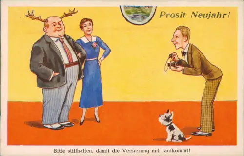 Neujahr Sylvester New Year Scherzkarte Bitte stillhalten... 1956