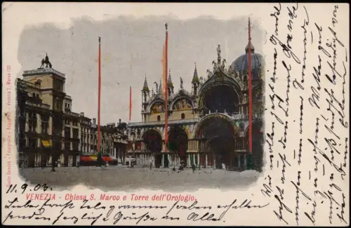 Cartolina Venedig Venezia Chiesa S. Marco e Torre dell' Orologio. 1903