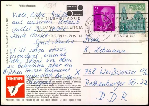 Postale Puerto de la Cruz Stadt Hotels 1970  Canary Islands Tenerife