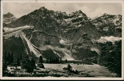 Hinterriß (Tirol) Panorama  Kl. Ahornboden mit Herrm. v. Barth Denkmal 1938