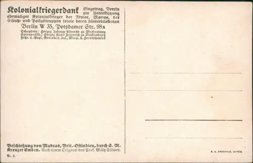 Ansichtskarte  Kolonialkriegerdank Beschiessung Ostindien Kreuzer Emden 1915