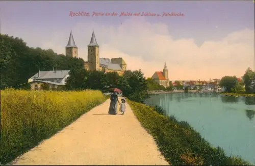 Ansichtskarte Rochlitz Frau und Kind spazieren an der Mulde 1914
