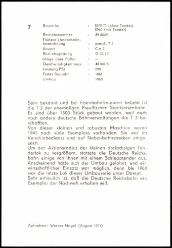 Ansichtskarte  Dampflokomotive Preußische T 3, Betriebsnummer 89 6009 1971