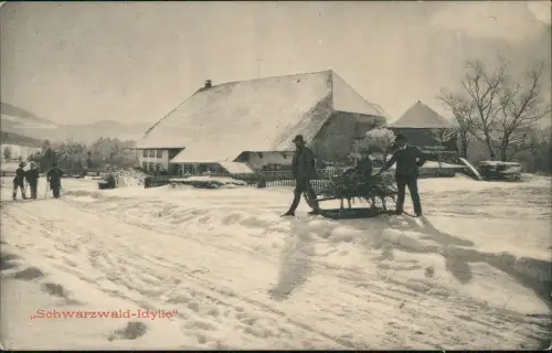 .Baden-Württemberg Schwarzwaldhaus im Winter Idylle Schlitten 1912