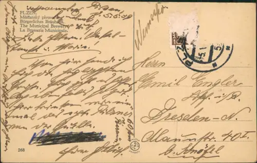 Postcard Pilsen Plzeň Měšťanský pivovar. Brauerei 1929