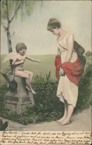 Ansichtskarte  Liebe Love Frau im Kleid und Engel Amor 1904  gel. Norge