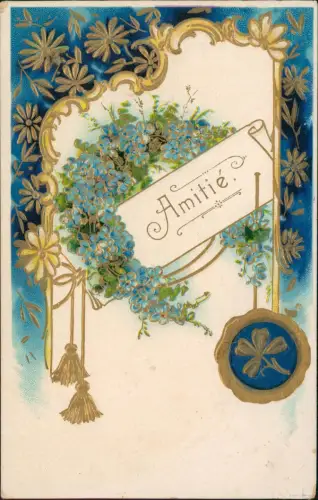 Künstlerkarte Amitie Freundschaft Urkunde Gold 1908 Goldprägung