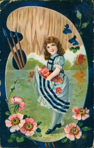 Ansichtskarte  Kinder Künstlerkarte Mädchen Malerpalette 1909 Prägekarte
