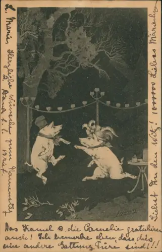 Ansichtskarte  Künstlerkarte feiernde Schweine Eber u. Sau 1901