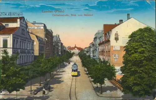Ansichtskarte Landau in der Pfalz Ostbahnstraße Tram Hotel zum Kronprinz 1914