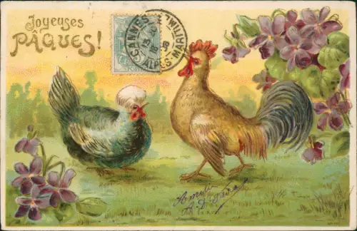 Joyeuses PÂQUES! Ostern Easter Hahn Henne France 1912 Goldprägung