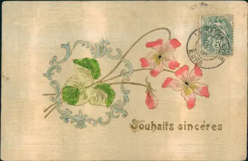 Künstlerkarte Souhaits sinceres Jugendstil Art Nouveau 1906 Goldprägung