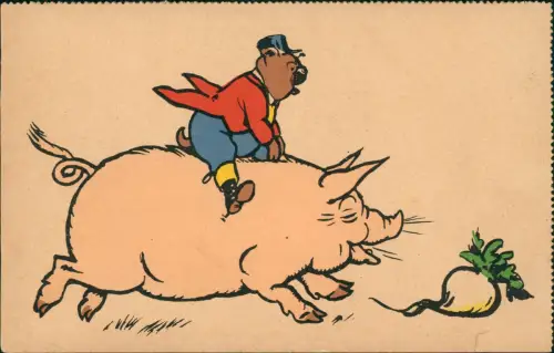 Tiere als Menschen Andromorphische Karte Hund reitet auf Schwein 1940