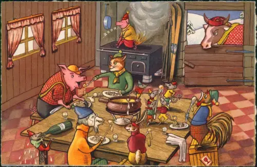 Ansichtskarte  Tiere als Menschen Andromorphische Karte Am Mittagstisch 1965