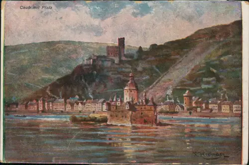 Ansichtskarte Kaub Ortsansicht, Pfalz im Rhein und Ruine Gutenfels 1919