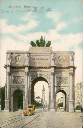 Ansichtskarte München seltsames Gefährt (Auto) durchfährt Siegestor 1911