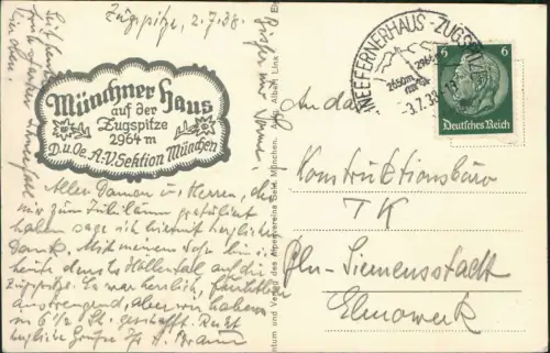 Ansichtskarte Grainau Zugspitze Münchner Haus 1938