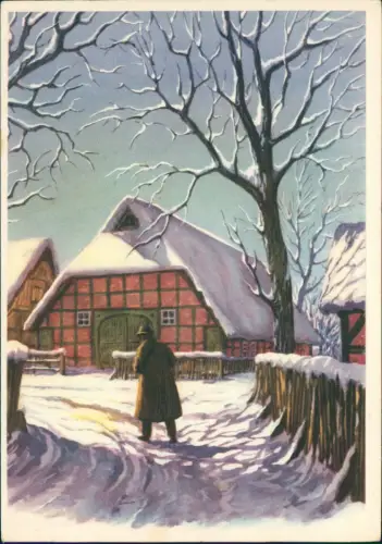 EDUSCHO Werbekarte Künstlerkarte Mann in verschneitem Dorf 1970