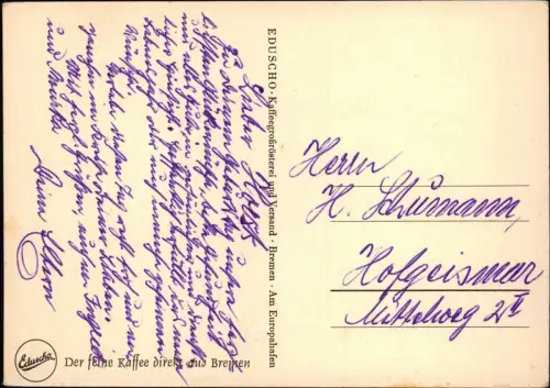 EDUSCHO Werbekarte Künstlerkarte Mann in verschneitem Dorf 1970
