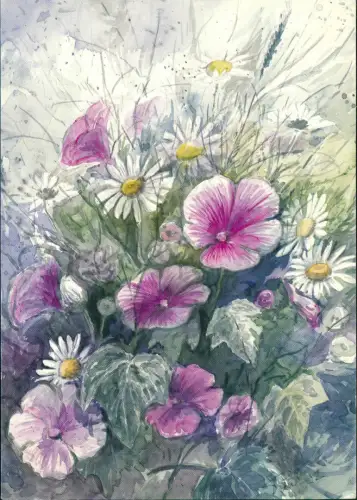 Künstlerkarte WOLFRAM PAUL Malven und Margeriten, Aquarell 1992 1995
