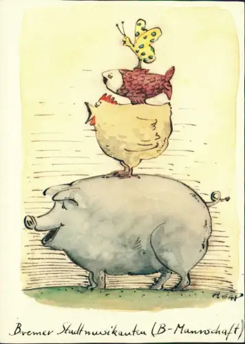 Ansichtskarte  Scherzkarte BREMEN Bremer Stadtmusikanten (B-Mannschaft) 1987