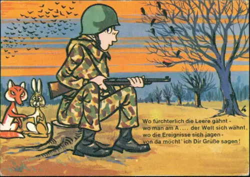 Militär Scherzkarte Soldat auf Wachposten mit Fuchs und Hase 1971