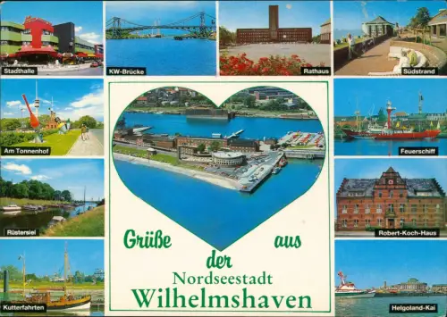 Wilhelmshaven Mehrbild-AK u.a tadthalle KW-Brücke Feuerschiff Südstrand 1981
