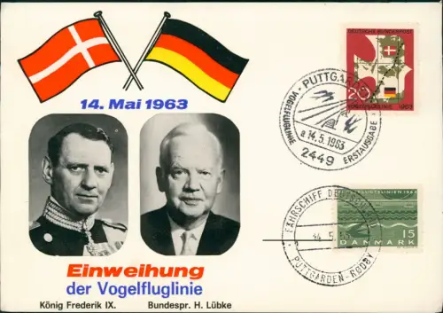 Vogelfluglinie Einweihung  König Frederik IX. u. Lübke Gedenkkarte 1963
