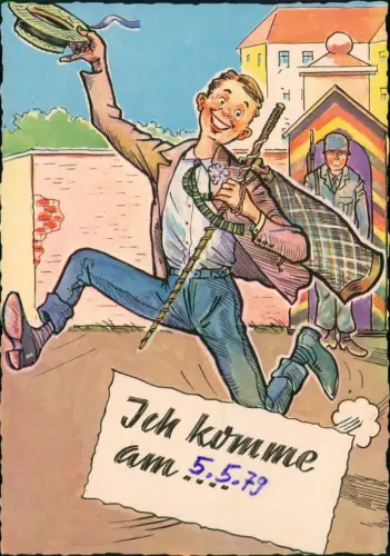 Ansichtskarte  Scherzkarte "Ich komme" Mann vor Wach-Soldat 1979