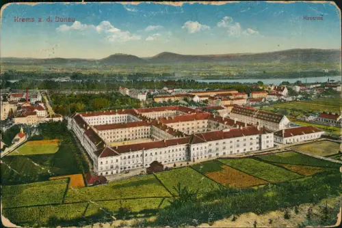 Ansichtskarte Krems (Donau) Panorama 1913  seltener Kommando Feldpost-Stempel