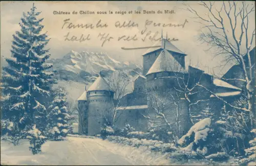 Veytaux Château de Chillon sous la neige et les Dents du Midi 1912