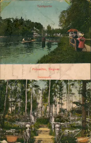 Ansichtskarte Siegmar-Chemnitz 2 Bild Gartenpartie u. Teichpartie 1915