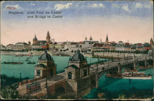 Ansichtskarte Mainz Rheinbrücke Straßenbrücke nach Kastel 1920