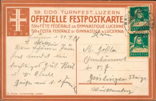 Ansichtskarte Luzern Lucerna 59. Turnfest Speerwurf Künstlerkarte 1928