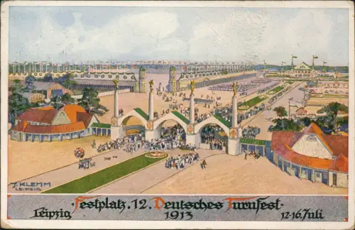 Ansichtskarte Leipzig 12. Deutsches Turnfest 1913  Vignette u. Sonderstempel