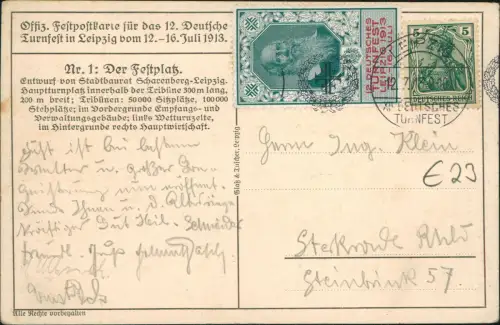Ansichtskarte Leipzig 12. Deutsches Turnfest 1913  Vignette u. Sonderstempel