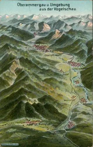 Oberammergau Umland Vogelschau Kohlgrub Künstlerkarte Eugen Felle Isny 1912